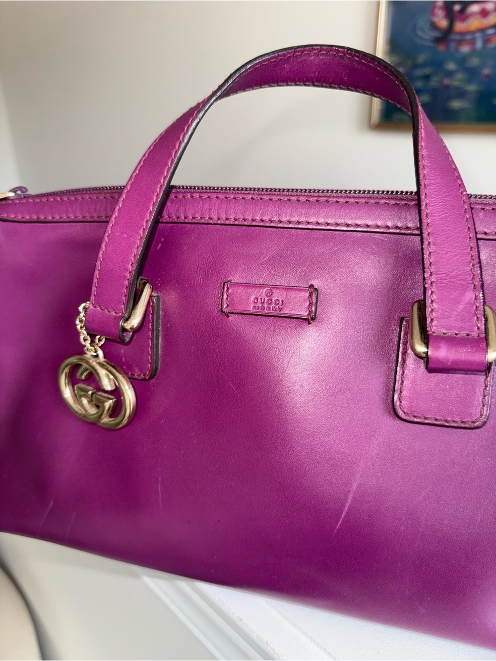 Gucci Purple Leather Top-Handle Satchel with Gold-Tone Logo Charm - Picture 3 of 13
